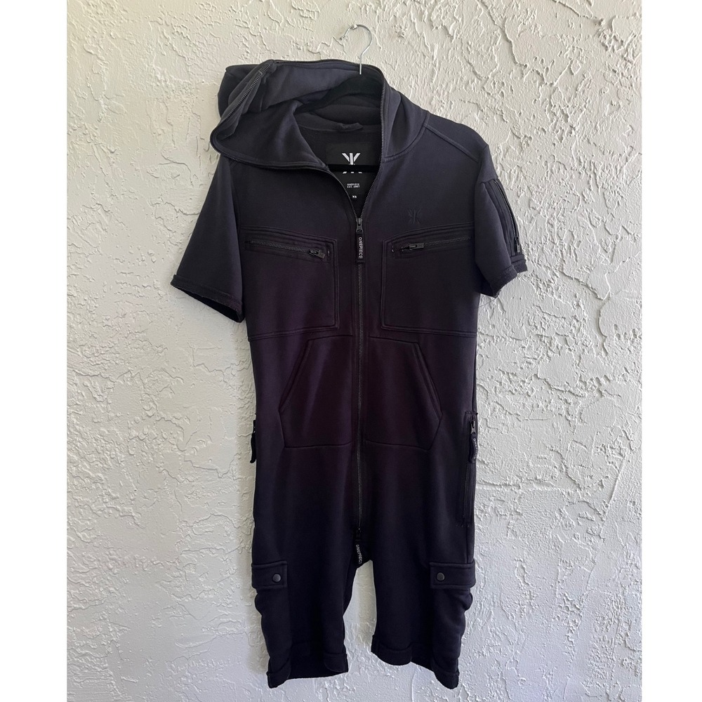 Onepiece Hooded Zip Front Short Sleeve Jumpsuit Romper XS Black Utility